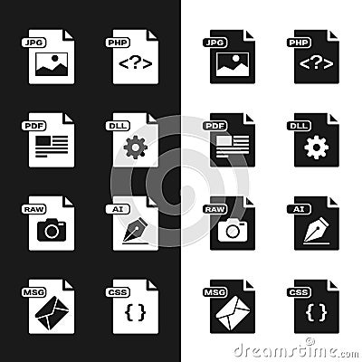 Set DLL file document, PDF, JPG, PHP, RAW, AI, CSS and MSG icon. Vector Vector Illustration