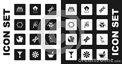 Set DNA symbol, Leaf or leaves, Molecule, Test tube and flask, Biohazard, Chemical explosion, Microscope and Earth globe Vector Illustration