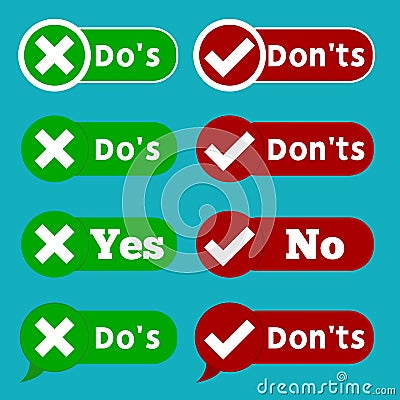 Set Do and Dont check tick mark and red cross checkbox icons design on blue background. Vector Illustration