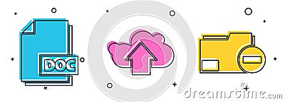 Set DOC file document, Cloud upload and Document folder with minus icon. Vector Vector Illustration