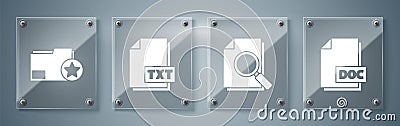 Set DOC file document, Document with search, TXT file document and Document folder with star. Square glass panels Vector Illustration
