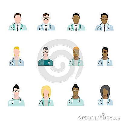 Set of doctor avatars profession, basic characters set in flat style. Doctors of different races Vector Illustration