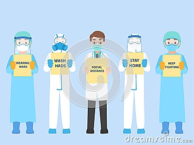 Set of Doctor in personal protective suit wear a surgical protective Medical mask Vector Illustration