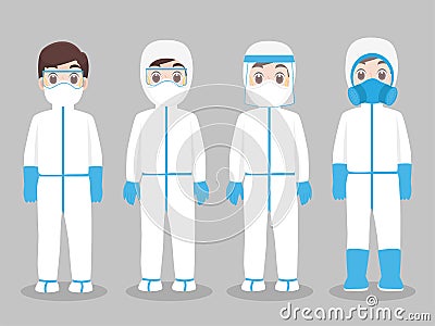 Set of Doctors Character wearing in full protective suit Clothing isolated and Safety Equipment for prevent virus Vector Illustration