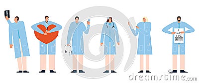 A set of doctors of different specialties. Oculist, cardiologist, surgeon, therapist, psychologist, otolaryngologist, x-ray Vector Illustration