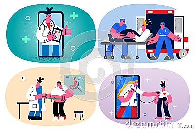 Set of doctors help sick people in hospital Vector Illustration