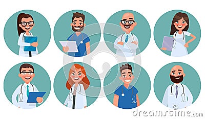 Set of doctors. Hospital staff. Avatars of medical workers. Cartoon Illustration