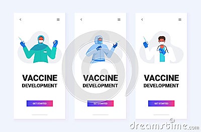 set doctors in protective masks and suits holding syringe and bottle vial coronavirus vaccine development Cartoon Illustration