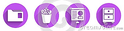 Set Document folder, Full trash can, Chalkboard with diagram and Drawer with documents icon with long shadow. Vector Vector Illustration