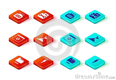 Set Document folder, Pencil, Browser setting, Mountains with flag on top, Delete file document and Inkwell icon. Vector Stock Photo