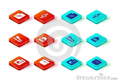 Set Document with graph chart, Briefcase, Stapler, Glue, Wrist watch and Note paper push button icon. Vector Vector Illustration