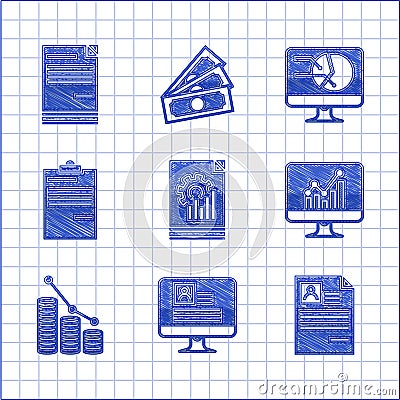Set Document with graph chart, Computer monitor resume, Resume, Pie infographic and coin, and icon. Vector Stock Photo