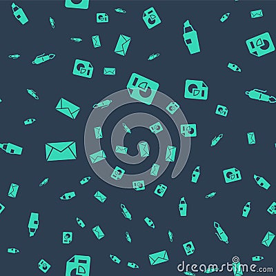 Set Document with graph chart, Marker pen, Mail and e-mail and Fountain nib on seamless pattern. Vector Stock Photo