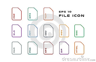 Set of Document Labels and File Formats Icons. PDF, MP3, TXT, XLS, PPT, CSV, MOV, DOC, RAR, PNG, EPS, ZIP, HTML. Vector Vector Illustration