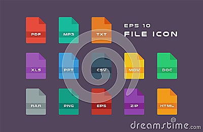Set of Document Labels and File Formats Icons. PDF, MP3, TXT, XLS, PPT, CSV, MOV, DOC, RAR, PNG, EPS, ZIP, HTML. Vector Vector Illustration