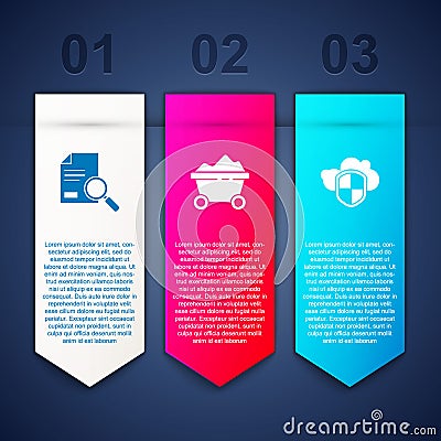 Set Document with search, Coal mine trolley and Cloud and shield. Business infographic template. Vector Stock Photo