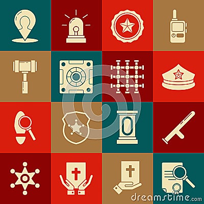 Set Document with search, Police rubber baton, cap cockade, badge, Safe, Judge gavel, Map marker silhouette of person Vector Illustration