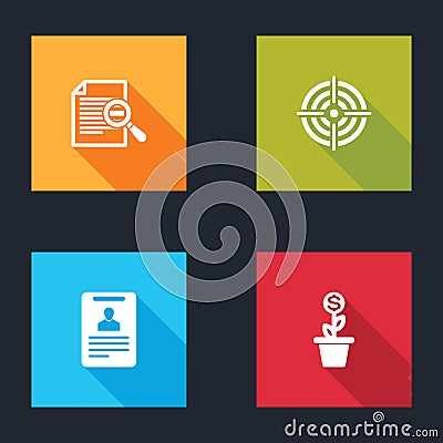 Set Document with search, Target sport, Identification badge and Dollar plant in the pot icon. Vector Vector Illustration