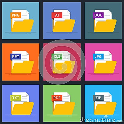 Set of documents in an open folder. Icons for mobile applications, the Internet. Text, graphic, office files. AI, PDF Vector Illustration