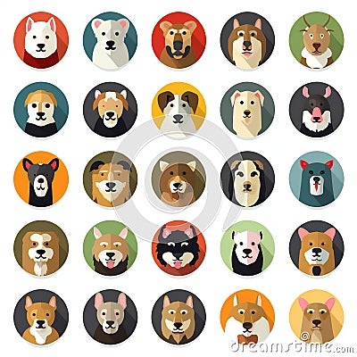 Set of dog breeds icons in flat design style Cartoon Illustration