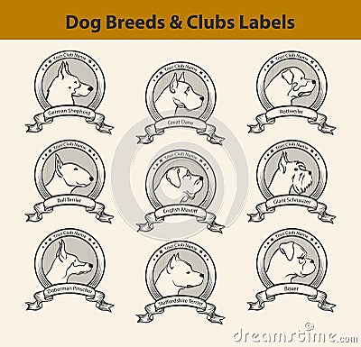 Set of Dog Breeds Labels, Dog Clubs Emblems Vector Illustration