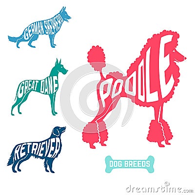 Set of dog breeds silhouettes text inside. Poodle and great dane with retriever, german shepherd Cartoon Illustration