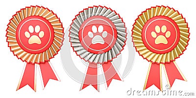 Set of dog or cat winning awards, medals or badges with ribbons. Stock Photo