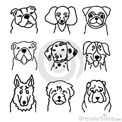 Set of dog faces. Canine breeds in doodle style. Ink hand drawn heads of funny puppies. Pets contour simple kids style Vector Illustration