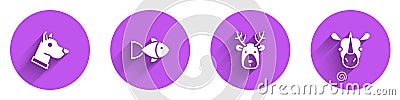 Set Dog head, Fish, Deer with antlers and Rhinoceros icon with long shadow. Vector Stock Photo