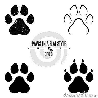 A set of dog`s paws. Black traces in different styles. Isolated on white background. Silhouettes of paws Cartoon Illustration