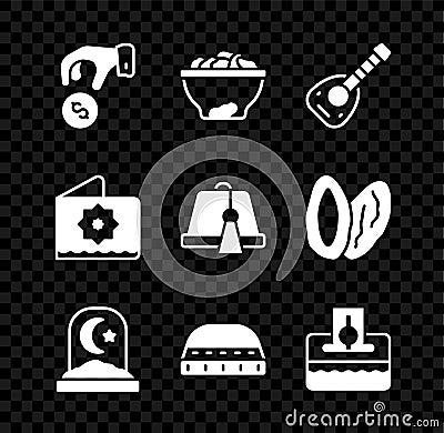 Set Donate or pay your zakat, Date fruit in bowl, Lute, Muslim cemetery, hat for prayer, Octagonal star and Turkish icon Vector Illustration