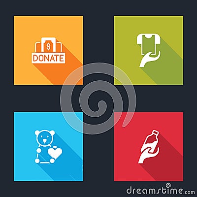 Set Donation and charity, Clothes donation, Donate child toys and water icon. Vector Vector Illustration