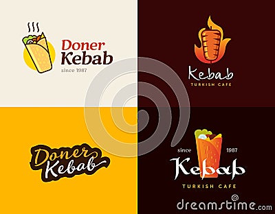 Set of doner kebab logo templates. Vector creative labels for Turkish and Arabian fast food restaurant. Vector Illustration