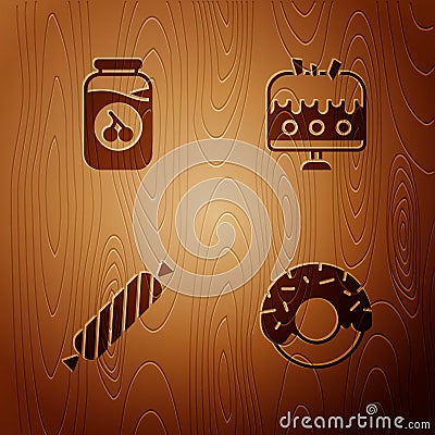 Set Donut, Cherry jam jar, Candy and Cake plate on wooden background. Vector Vector Illustration