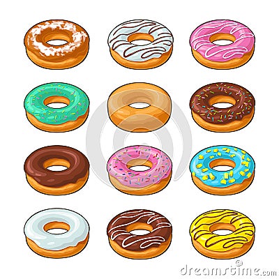 Set donut with different icing, glaze, stripes, sprinkles. Vector Illustration