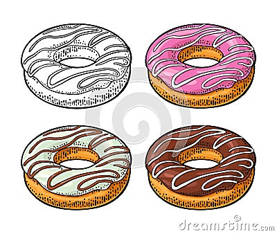 Set donut with different icing and stripes. Vector color engraving Cartoon Illustration