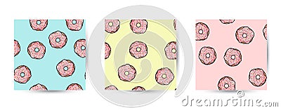 Set of donut doodles seamless patterns. Pink donuts with topping on pastel background. Cute cartoon background template Vector Illustration