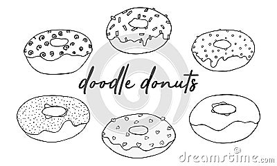 Set Donut Doodles. vector illustration. drawing line donuts. Sketch of delicious donuts. Sweet desserts Vector Illustration