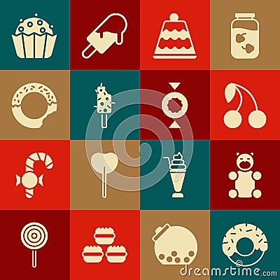 Set Donut, Jelly bear candy, Cherry, Cake, Ice cream, Cupcake and Candy icon. Vector Vector Illustration