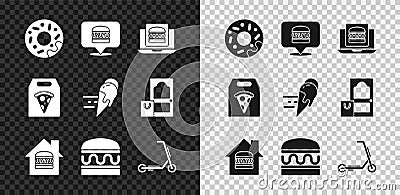 Set Donut, Online ordering burger delivery, and, Burger, Scooter, pizza and ice cream icon. Vector Vector Illustration