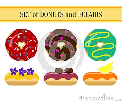 Set of donuts and eclairs Vector Illustration