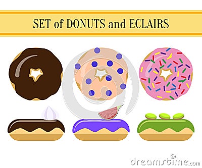 Set of donuts and eclairs Vector Illustration