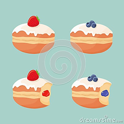 Set of donuts without holes with strawberries, blueberries and icing topping, with missing bites and berry jelly filling. Vector Illustration