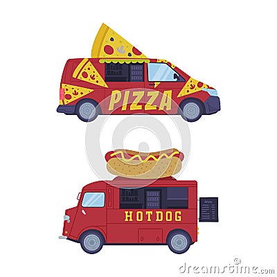 Set of dood trucks. Vans for pizza and hotdog selling cartoon vector illustration Vector Illustration