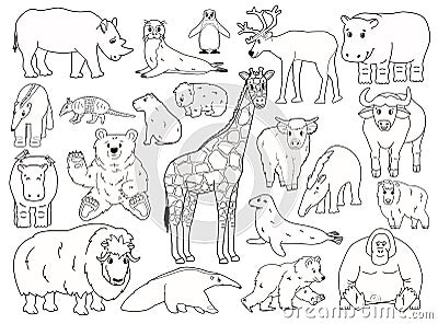 Set of doodle animals. Vector outline cartoon isolated graphic hand drawn illustration. Giraffe bear orangutan ox rhino wombat Vector Illustration