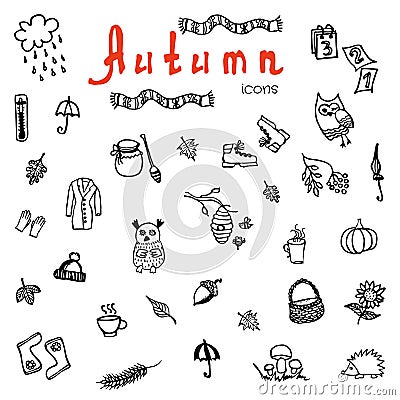 Set of doodle autumn icons - vector Vector Illustration