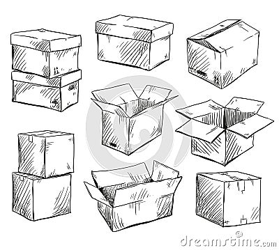 Set of doodle cardboard boxes. Vector illustration. Vector Illustration