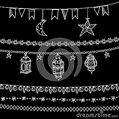 Set of doodle chalk garlands, moon, stars, flags, arabic lanterns Vector Illustration