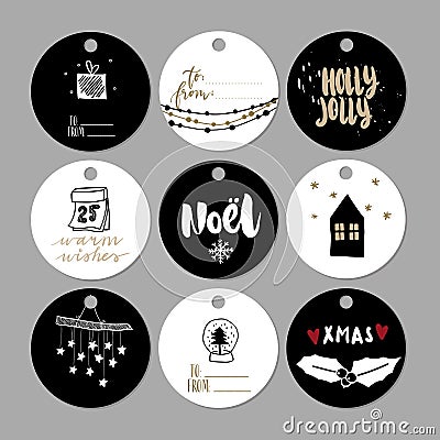 Set of doodle Christmas gift tags. Vector hand drawn cute icons. Scandinavian style printable. Xmas lettering, noel Vector Illustration