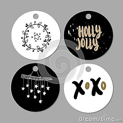Set of doodle Christmas gift tags. Vector hand drawn cute icons. Scandinavian style printables. Xmas lettering phrase Vector Illustration